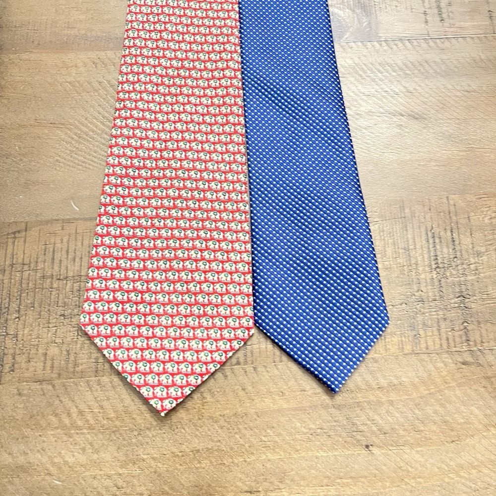 KAILONG Neckties Lot Of 2 Handmade 100% Silk Red Elephant‎ Print Blue Dot
